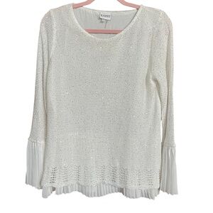 Sioni Studio Ivory Silver Sequin Crocheted Pleated Chiffon Trim Sweater Size S